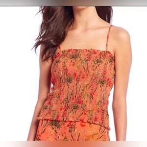 Gianni Bini Smocked Wov Stacy Print Floral Tank Top In Peach Floral Size Xl NWT